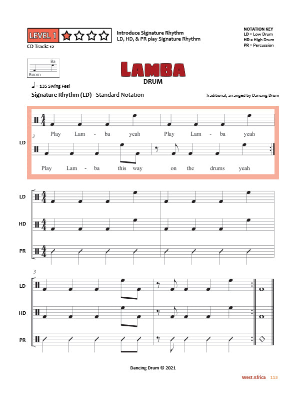 Drumming Up World Music: West Africa - Lamba Rhythm from Guinea, pg. 113