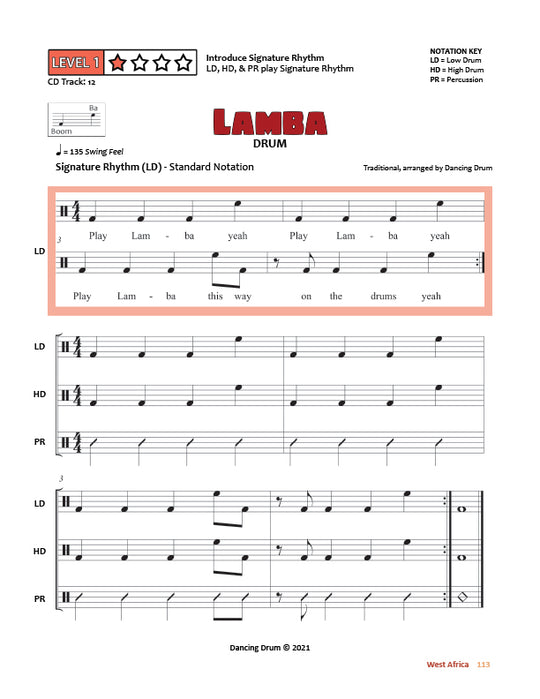Drumming Up World Music: West Africa - Lamba Rhythm from Guinea, pg. 113