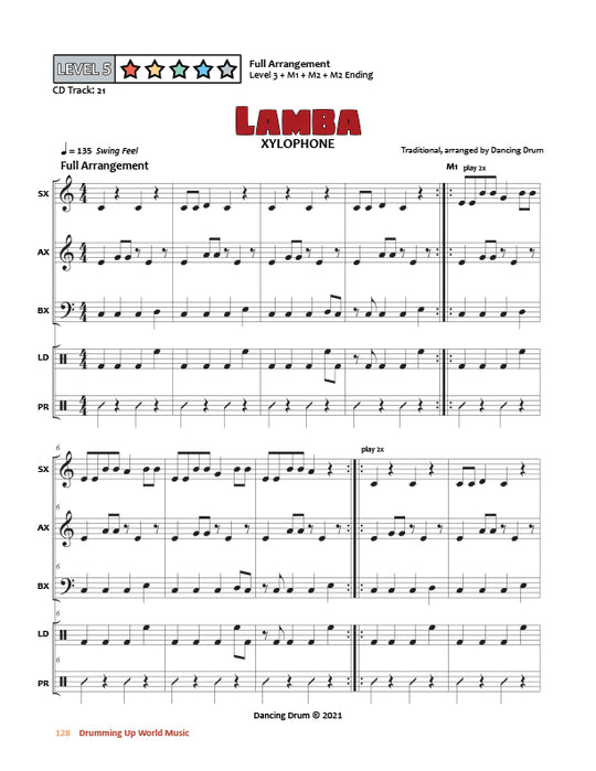 Drumming Up World Music: West Africa - Lamba Xylophone, Level 5 Arrangement, pg. 128