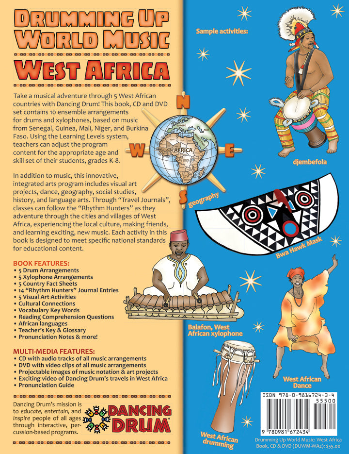 "Drumming Up World Music: West Africa" Teacher's Guide book, CD & DVD - Back Cover